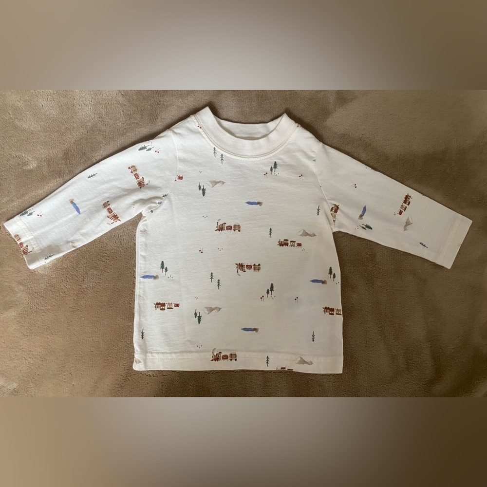 White Carter’s Long Sleeve w/ Train, Pine Tree & Mountain Print, 3 Months 🚂✨🌲